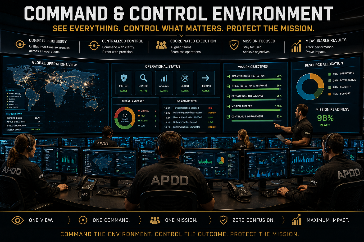 APDD command and control environment showing visibility, coordination, monitoring, execution, and operational control