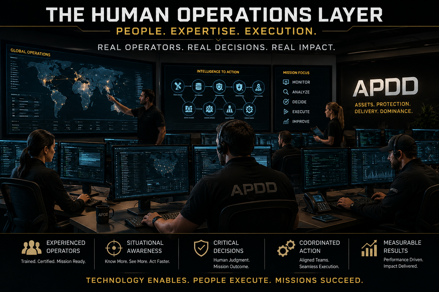 APDD human operations layer showing experienced operators, coordinated execution, situational awareness, and measurable results