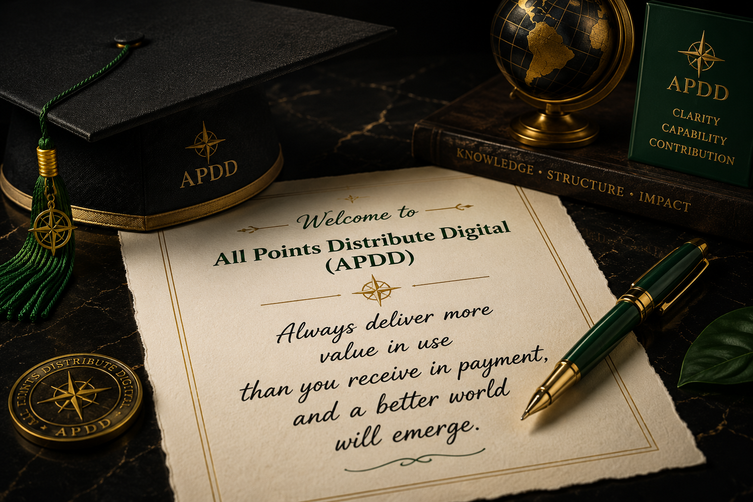 APDD glossary welcome principle with graduation cap, gold and green pen, and written message about delivering more value in use than received in payment