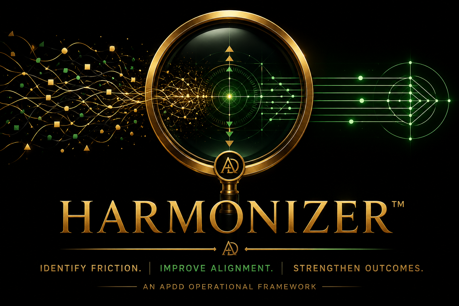 HARMONIZER operational framework illustrating the transformation of friction into alignment and stronger outcomes