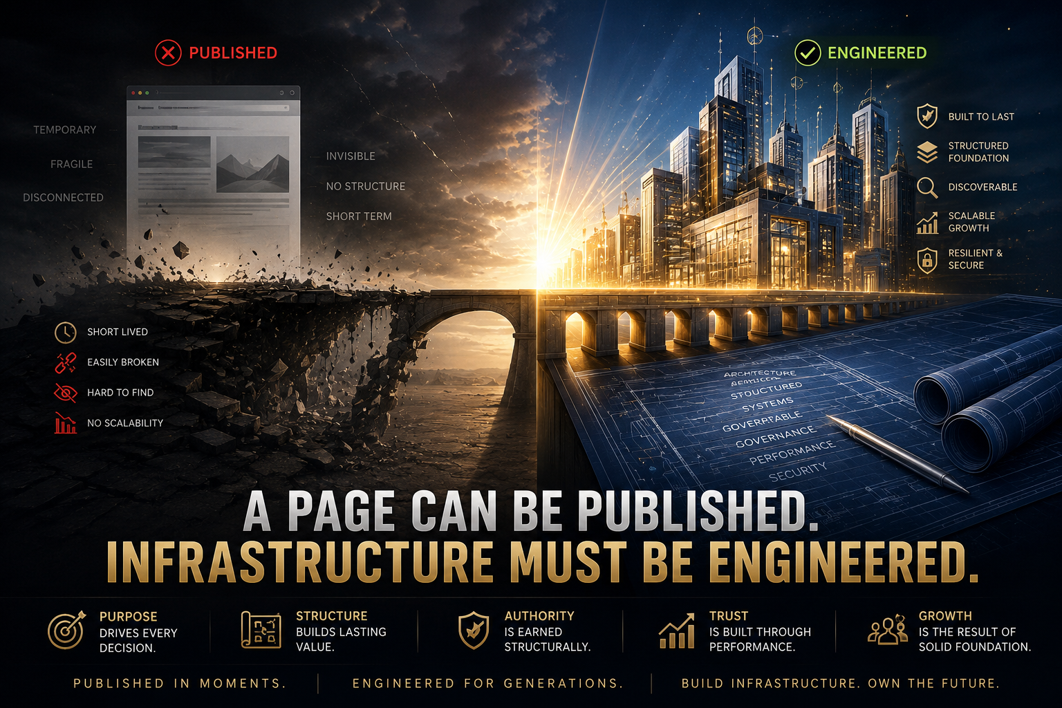 A page can be published but infrastructure must be engineered through structure, continuity, governance, and operational discipline