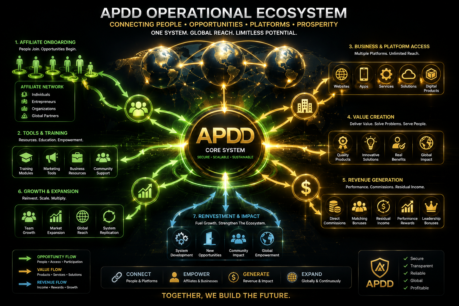 APDD Operational Ecosystem showing affiliate participation, value flow, business development, revenue generation, expansion, and system growth