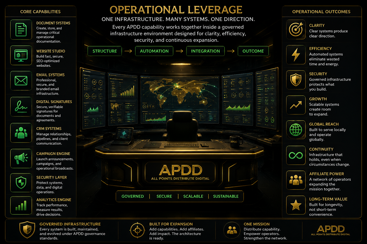 APDD operational leverage command center showing coordinated infrastructure systems, automation, scalability, security, visibility, and controlled digital capability