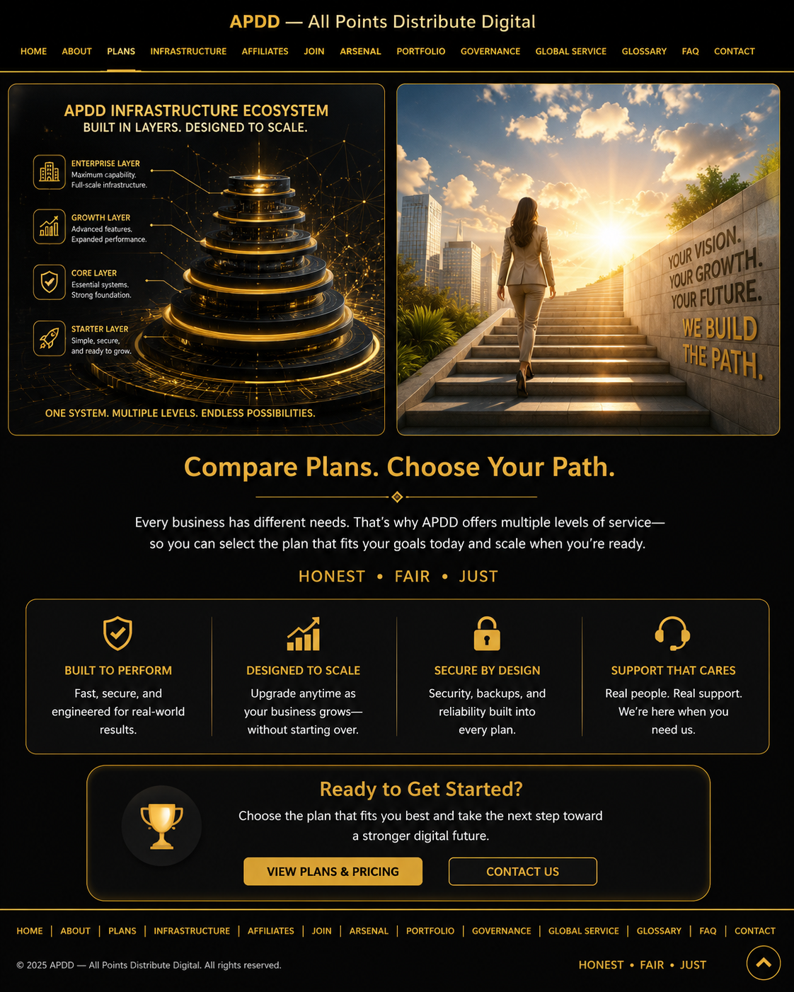 APDD compare plans and choose your path showing infrastructure layers, future opportunity, growth, security, and support
